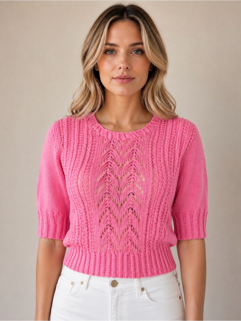 Handmade Pink Knit Sweater Short Sleeve Cropped Pullover Small
